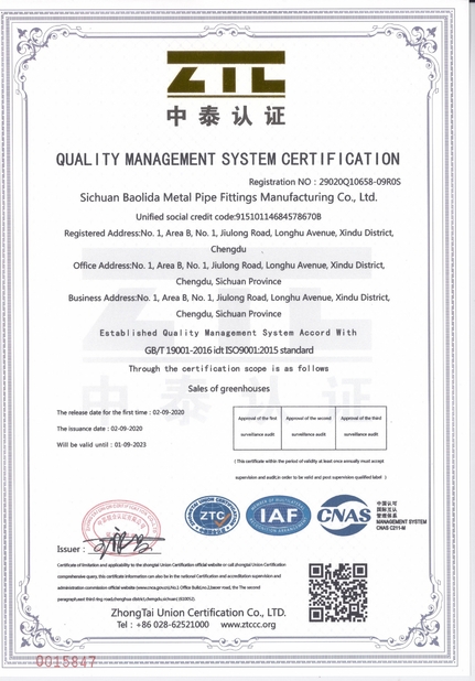 Porcellana Sichuan Baolida Metal Pipe Fittings Manufacturing Co., Ltd. Certificazioni